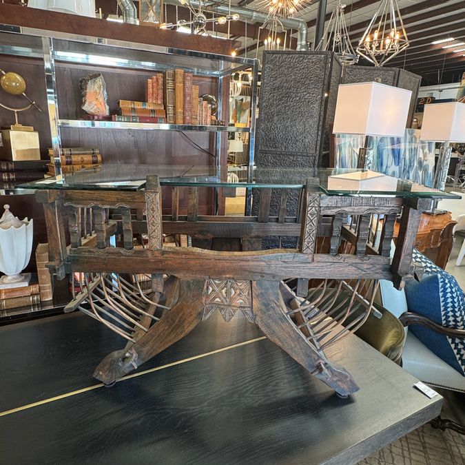 Antique Asian Howdah Elephant Chair Converted to Table W/Glass Top 46Lx24Wx26H