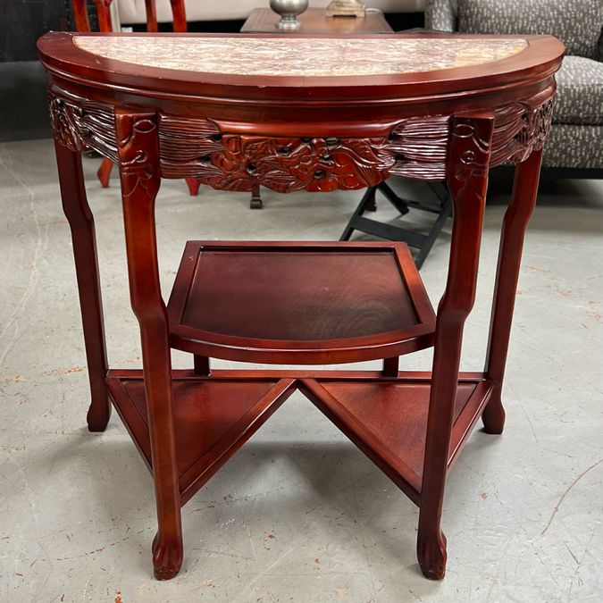 Asian Rosewood & Marble Cherry Blossom Dragon Demilune Table 33x17x31