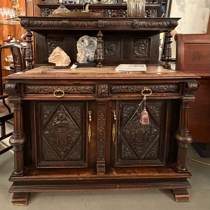 Antique French Renaissance Oak Sideboard W/Marble Inlaid Top 52x23x62.5