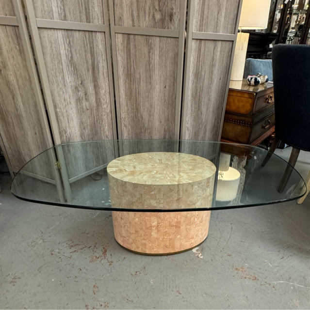 Oval Travertine Base W/Tinted Glass Top Coffee Table 50x29x16