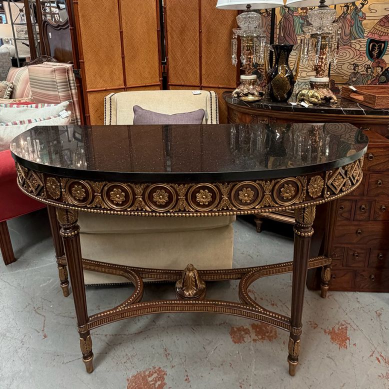 Maitland Smith Gold Rosette Frieze Demilune Black Marble Top 54x20x34