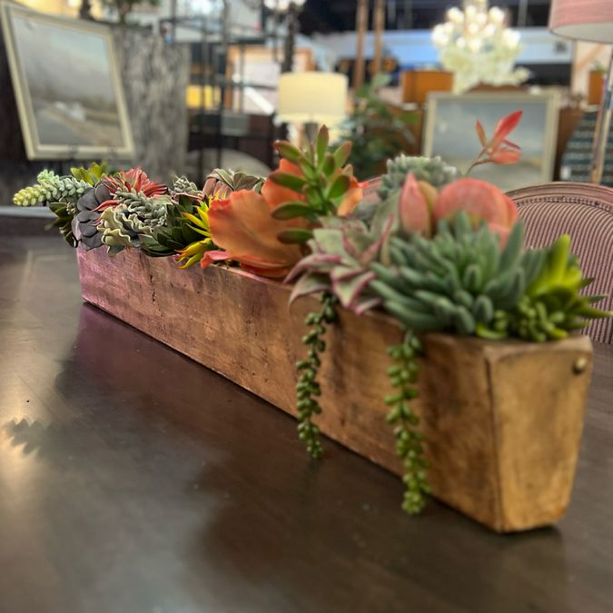 Succulents in Long Wood Container 39"Wx7"H NEW