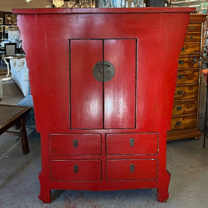 Antique Qing Dynasty Red Lacquered Wedding Cabinet 53x17x61