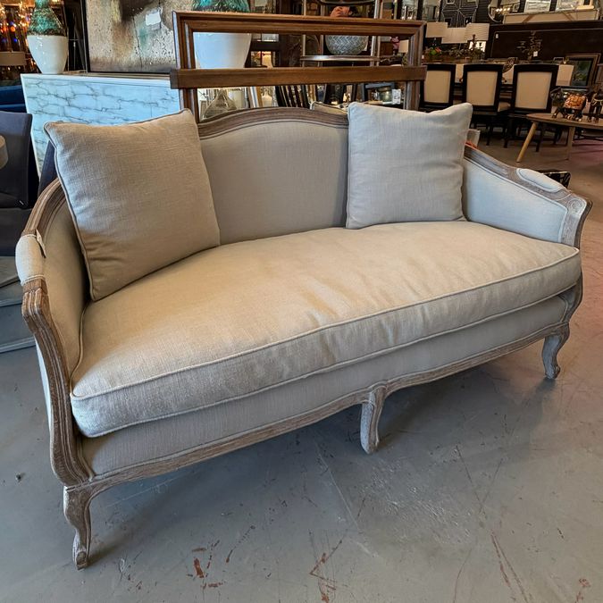 Restoration Hardware Ondine Salon Oak Bench Settee W/Tan Upholstery 65x28x36