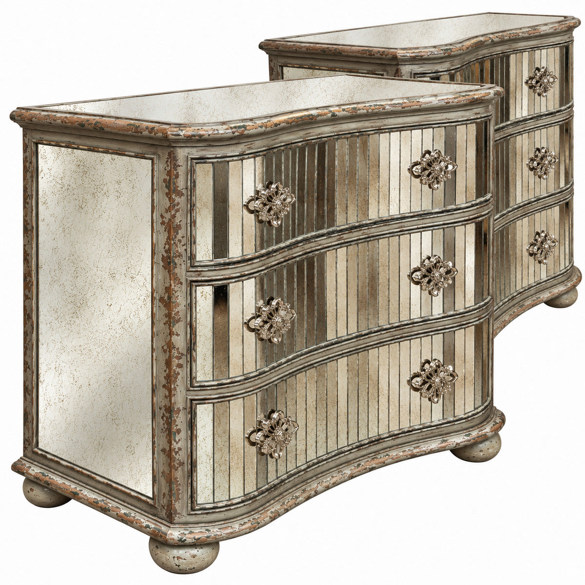 PAIR Hooker Serpentine Shaped Mirrored 3-Dwr Chests 42x20x36.5