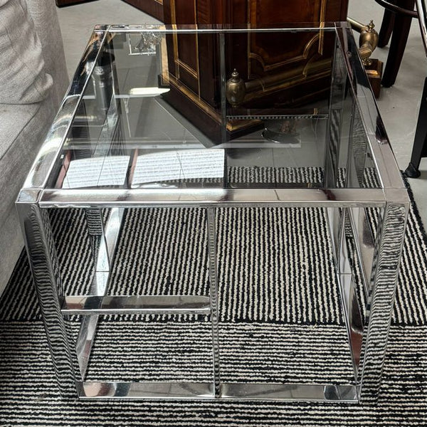 MCM Staggered Chrome & Smoke Glass Side Table 29x25x20