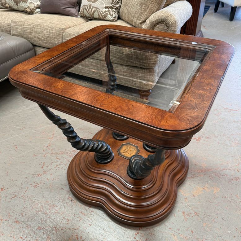 "Africa 1934" Faux Kudu Side Table W/Glass Top 28x28x26