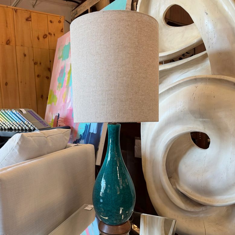 MCM Turquoise Glaze Wood Base Teardrop Lamp W/Beige Shade 35"H