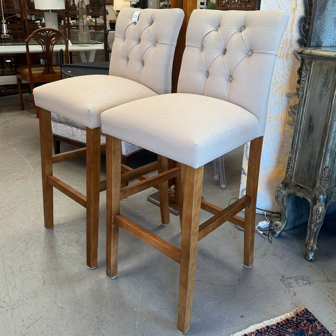 PAIR Cream Tufted Upholstered Bar Stools 19x22x44 (31" Seat Hgt)