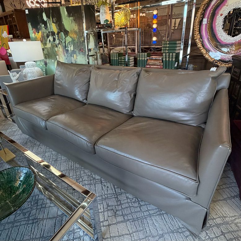 Barclay Butera Mushroom Pebbled Leather Skirted Sofa 96X42X34