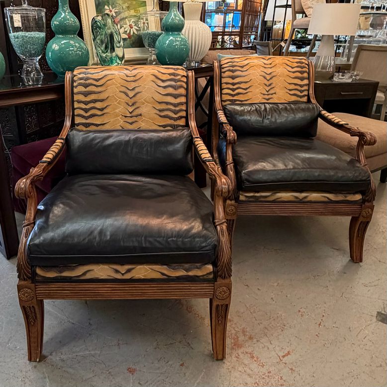 PAIR Ethan Allen Leather Safari Lounge Chairs 28.5X34X37.5