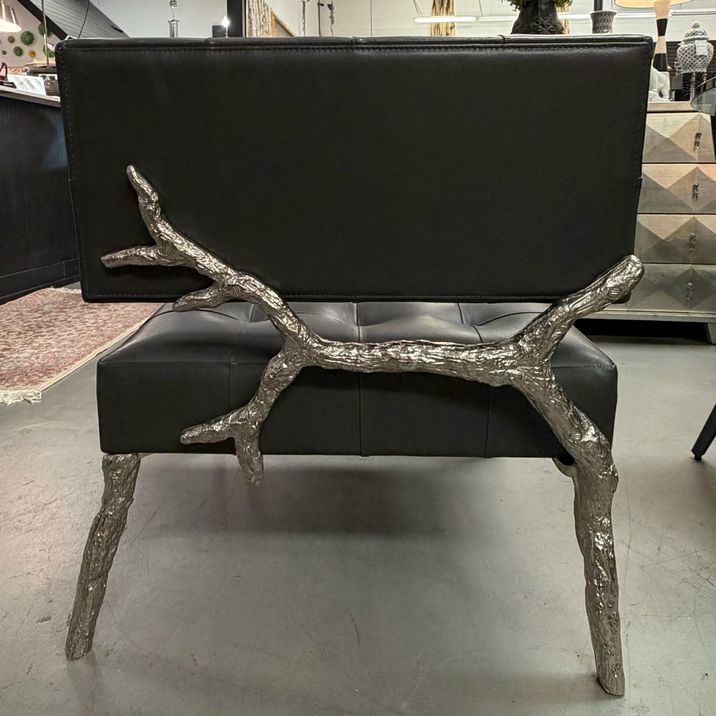 PAIR Global Views Bristol Branch Graphite Leather Chairs 26x26x32