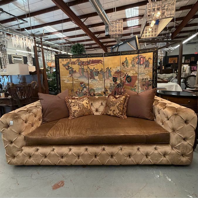 Marge Carson Custom Couture Milan Gold Velvet Tufted Sofa 103x47x32